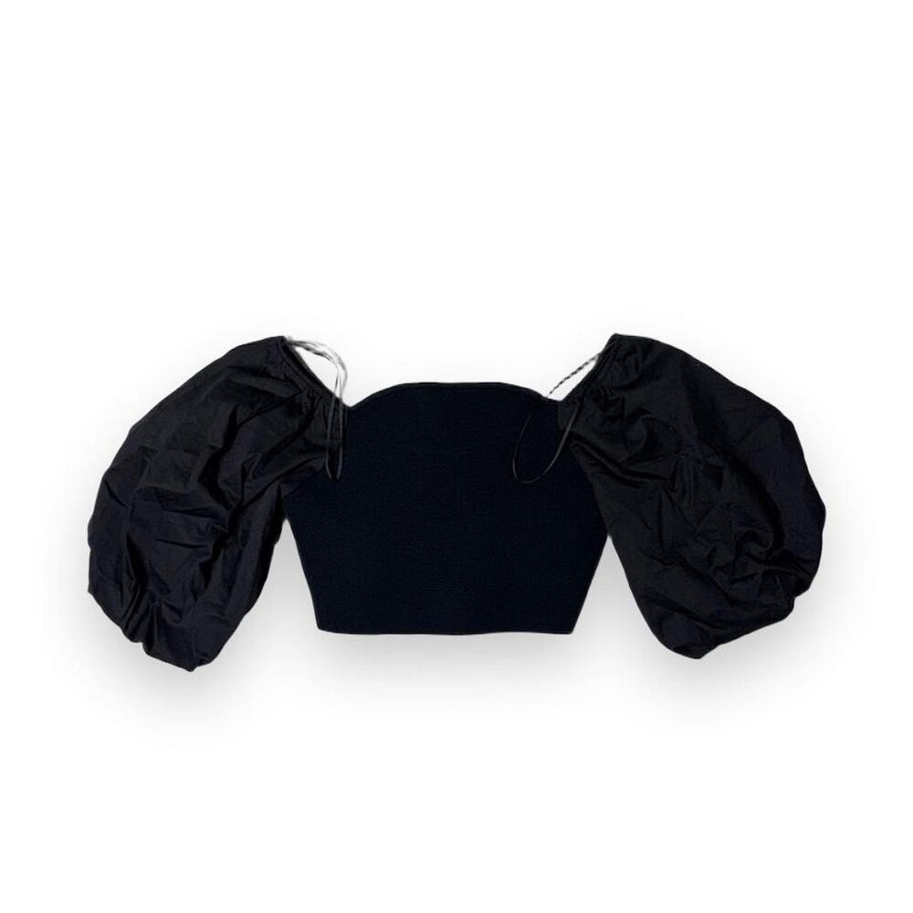 Zara Black Ribbed Knit & Poplin Puff Balloon Sleeve Crop Top Size Medium